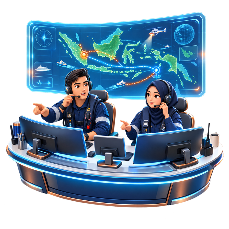 Two paramedic operators coordinating through headsets and computers before an Indonesian sailing-route map