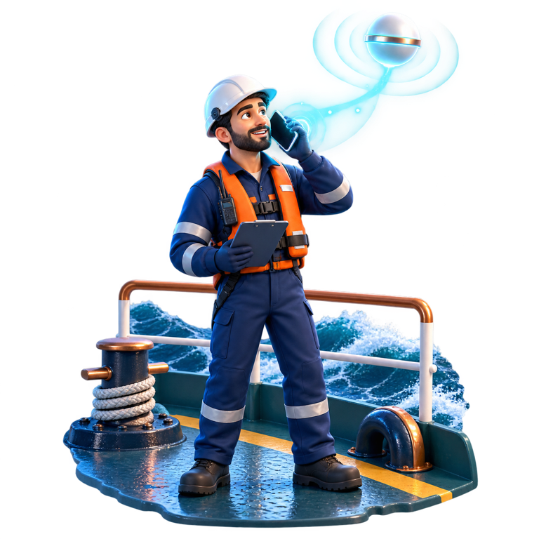 A seafarer working on a vessel and communicating by phone within the iSea-A coverage field