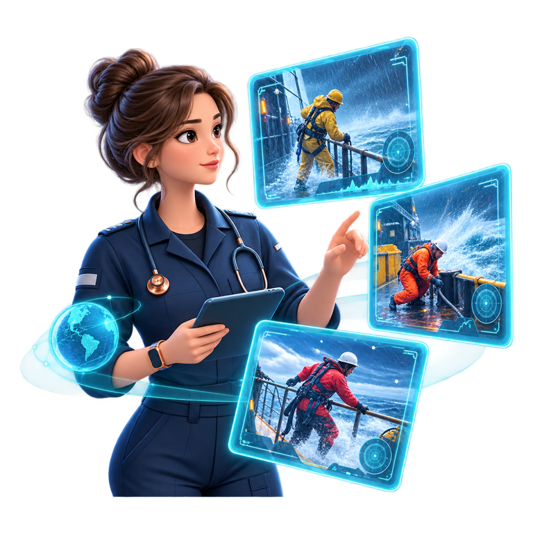 A female doctor reviewing transparent displays of ship crew working in hazardous conditions at sea